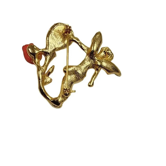 Vintage 60s-70s Angel Red Rose Brooch Pin Gold Tone - Picture 2 of 2